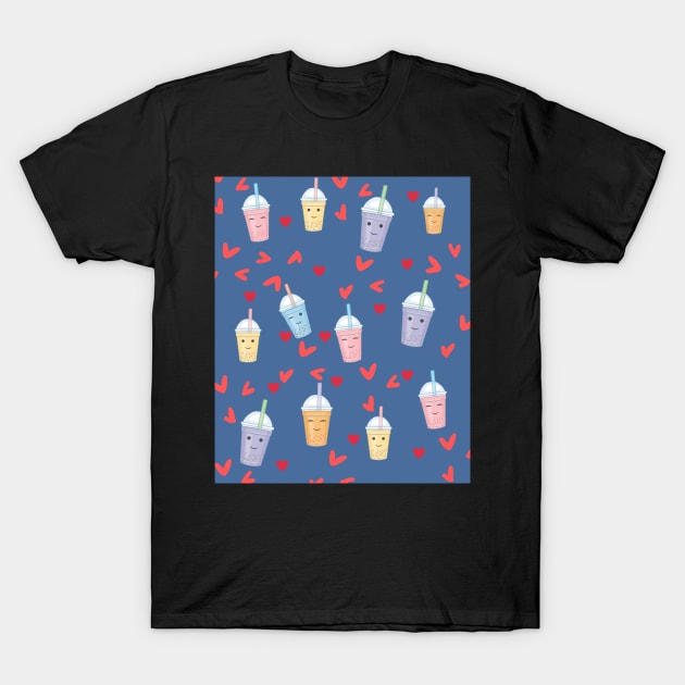 Boba Tea Inspired,Colorful Boba Bubble Tea blue Pattern T-Shirt by yassinebd